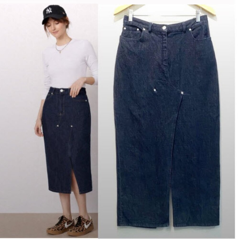 Votre Nom Dark Blue Denim Midi Skirt Double Slit Front Back Size 10